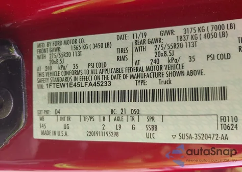 2020 Ford F-150 Xlt from USA, damaged, VIN 1FTEW1E45LFA45233